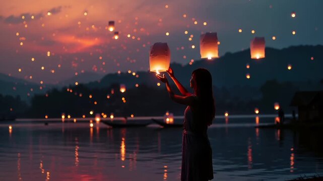 A silhouette of a woman releasing a floating lantern into the night sky during sunset over a body of water.