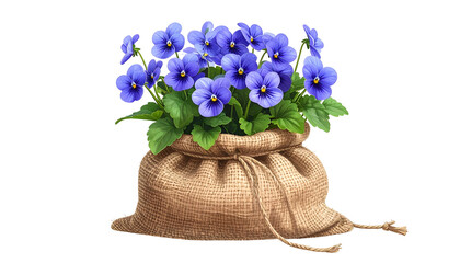 A close-up of a burlap sack brimming with vibrant blue pansies and green leaves