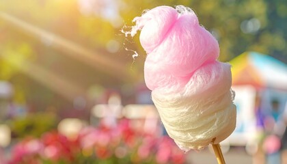 Delightful cotton candy treat on a stick outdoors during a sunny summer day
