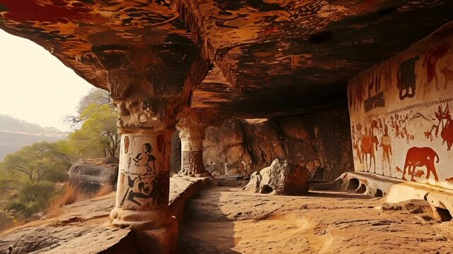 Apsara rockcut paintings in the desert landscape.