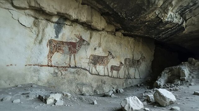 Apsara cave paintings of deer and fawns on a wall, with one deer prominently displayed in the foreground. The painting is characterized by its rustic, earthy tones.