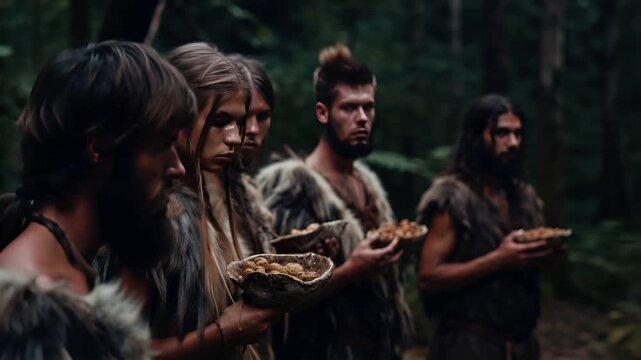 Stone age caveman. A group of individuals in a forest setting, with one woman holding a bowl of nuts. The style is cinematic, with a focus on the subjects and their natural surroundings.