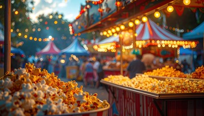 Festive carnival atmosphere with popcorn vendors and vibrant lighting creating a joyous scene