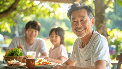 Happy Asian Family Enjoying a Meal Outdoors in Summer Celebrating Together