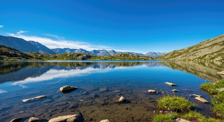 Obraz premium A serene mountain lake reflecting a vibrant sky