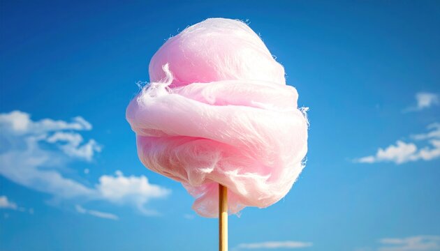 Pink cotton candy against bright blue summer sky evokes sweetness and joy