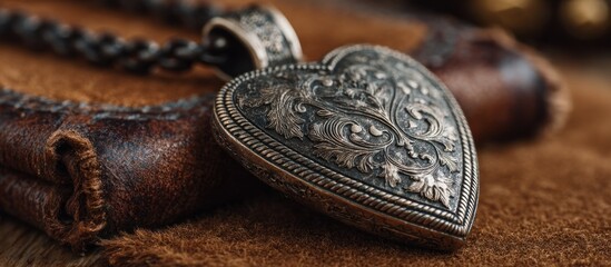 Elegant Silver Heart Pendant with Intricate Floral Design on a Textured Background
