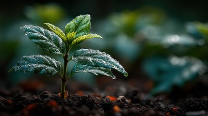 Close-up of a young plant growing in soil, showcasing fresh green leaves and water droplets