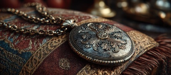 Ornate vintage silver locket holding memories on a luxurious embroidered tapestry cushion