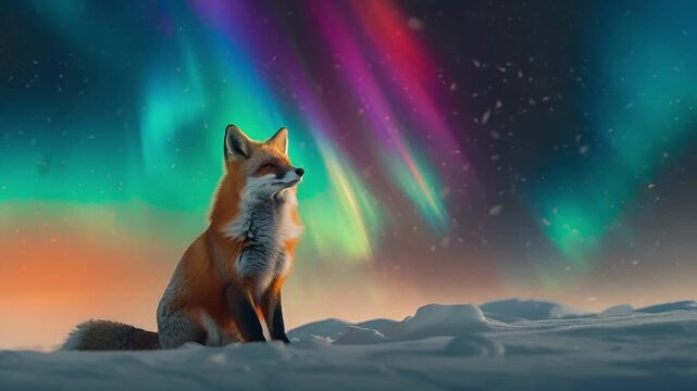Aurora Borealis digital artwork with a fox in the foreground and a snowy landscape in the background. The fox is depicted in a side profile, looking upwards with a serene expression.