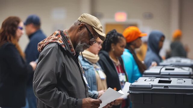 A man in a beige hat and patterned scarf is reading a piece of paper. He is wearing a black jacket with a colorful scarf around his neck.