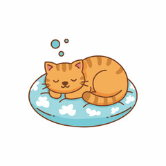 a sweet curled up orange tabby cat cartoon sleeping peacefully on a blue cloud pattern pillow