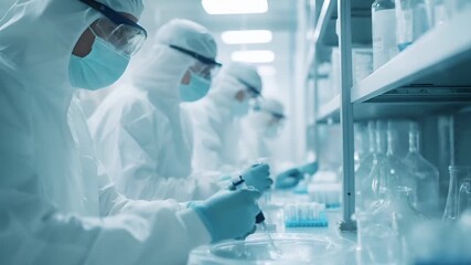 scientists in protective gear working in a laboratory setting.