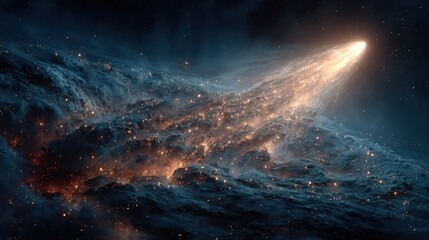 A radiant celestial streak pierces through a luminous, swirling nebula, illuminating the vast cosmic expanse with brilliant starlight and galactic dust in a stunning display of universal majesty