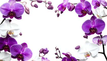 A vibrant frame of purple and white orchids against a black background