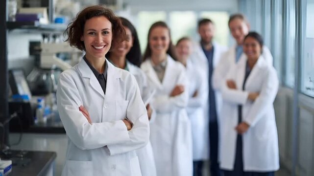 A woman in a white lab coat stands confidently in a laboratory setting, her arms crossed. She is surrounded by a group of medical professionals, all dressed in white lab coats.