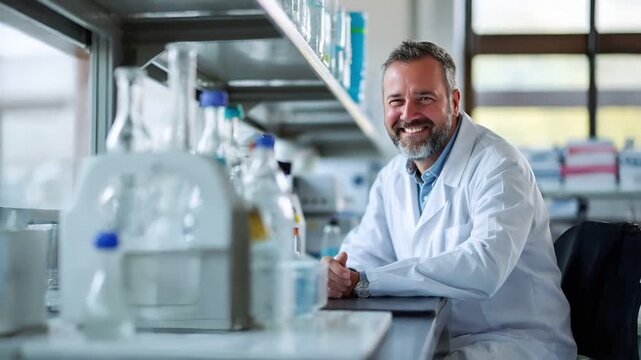 A man in a white lab coat sits at a table in a laboratory setting. He is wearing a blue shirt and has a beard. The lab is equipped with various scientific equipment.
