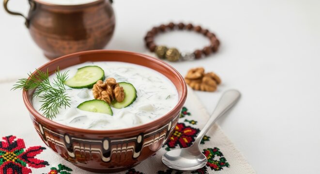 Ultra-Realistic Bulgarian Tarator &ndash; Chilled Yogurt Soup with Cucumbers, Dill & Walnuts in Troyan Ceramic Bowl | Pirin Textile, Copper Pot & Martenitsa Styling