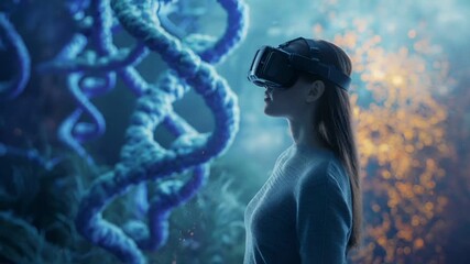 A vivid, highresolution digital artwork featuring a woman immersed in virtual reality VR technology. The woman is depicted with a focused expression, wearing a sleek, black virtual reality headset.