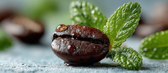 Captivating close-up of a single dark roasted coffee bean adorned with glistening water droplets, resting beside a vibrant green mint leaf on a textured surface, evoking freshness and rich aroma