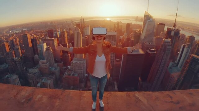 A woman stands atop a skyscraper with her arms outstretched against a backdrop of a city skyline during sunset. The cityscape is bathed in the warm hues of the setting sun.