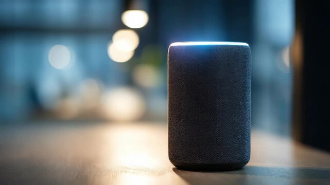 Modern smart speaker with voice assistant technology illuminated by soft ambient lighting on a wooden table. Sleek wireless device for smart home automation and hands free control