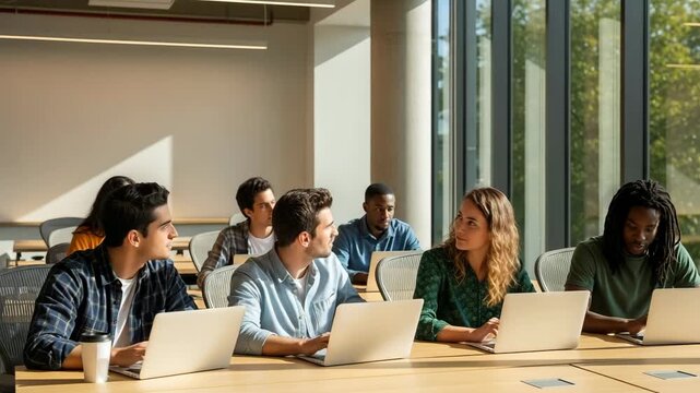 Diverse students collaborate on laptops in a bright modern classroom, learning and engaging together.