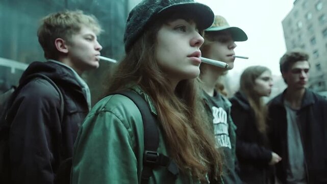 Marijuana cannabis topic concept. A young woman with a cigarette in her mouth, wearing a cap and a green jacket. She is surrounded by a group of people.