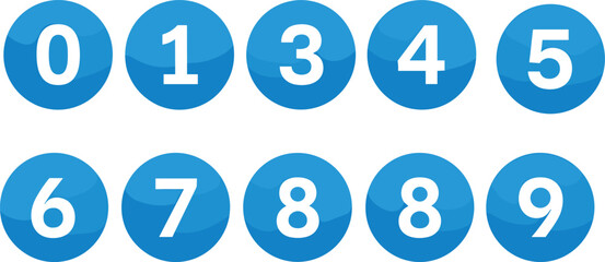 Glossy number button set, blue circular icons, numeric vector design, digital keypad layout, bold white digits, modern UI elements