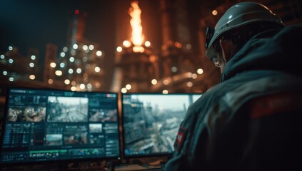 Industrial Plant Monitor Overseeing Operations On Multiple Screens At Night With Flares