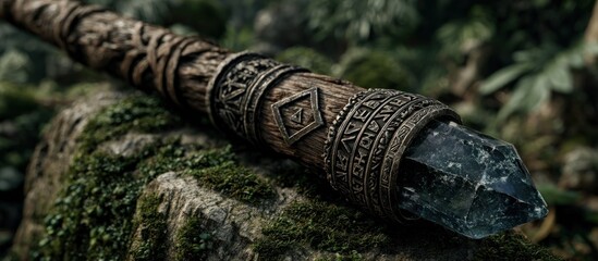 Enchanted Staff Close-up of a Mystical Carved Walking Stick Topped with a Gemstone