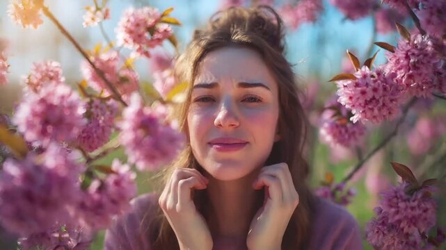 Spring pollen season. Allergy. A closeup of a woman amidst blooming flowers, with her eyes closed and hands covering her mouth. The style is a blend of realism and fantasy.