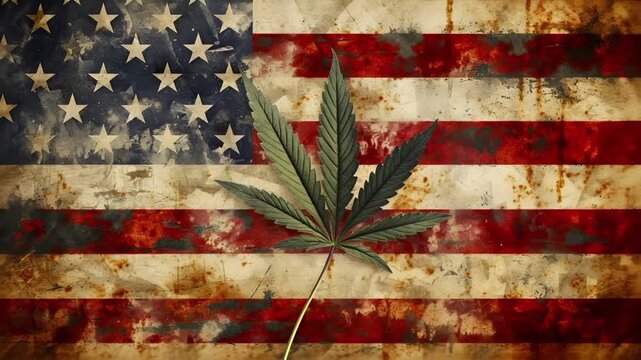 Marijuana cannabis topic concept. A grunge American flag with a cannabis leaf on it, set against a distressed, weathered backdrop.