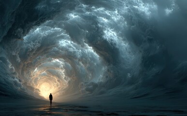 Silhouette Man Walks Through Tunnel of Crashing Waves Towards Bright Light Epic Stormy Ocean