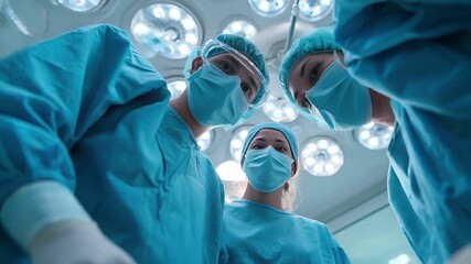A closeup shot of medical professionals in blue scrubs and surgical masks in an operating room. The main subject is a female surgeon, captured from behind.