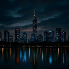 Obraz premium Dramatic Night Skyline View of Modern Illuminated Skyscrapers Reflected in the Still Water of a Lake or River under a Moody Dark Cloudy Sky