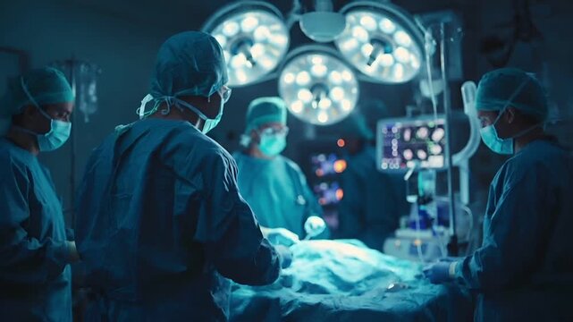 surgeon in operating room with surgical instruments and lights.