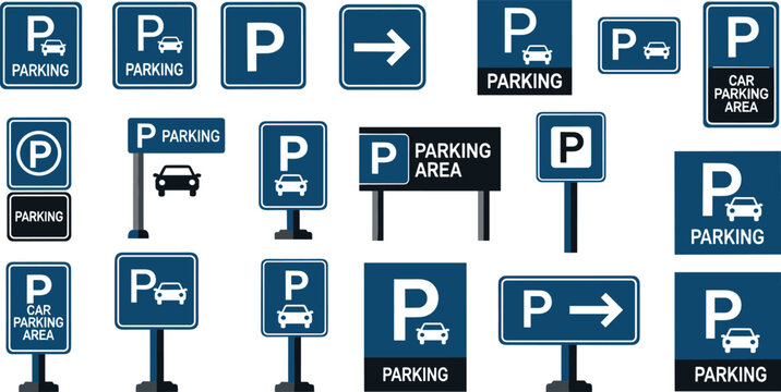 Parking sign collection, directional signage vector, blue white icons, car parking symbols, urban traffic signs, public space navigation design