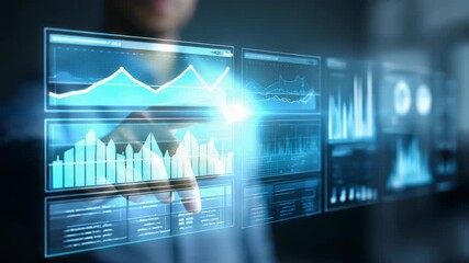 Businessman interacts with futuristic digital interface displaying data analytics and virtual graphs. Innovative technology and data visualization empower modern business decision making - Powered by Adobe