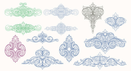 Naklejka premium Victorian flourish scroll ornament with arabesque damask decorative vignette