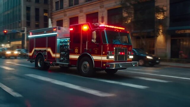 A nighttime city scene featuring a fire truck on a city street. The fire truck is red with white and yellow lights, and it has a large number of lights on its side.