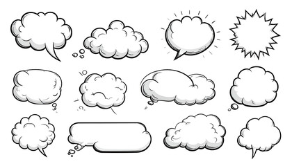 Collection of cartoon speech bubbles and thought balloons, outlined in black, on a dark background