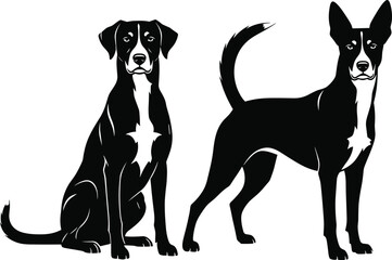 Two black dog silhouettes sitting and standing together, vector illustration isolated on white background for pet shop animal logo design symbol