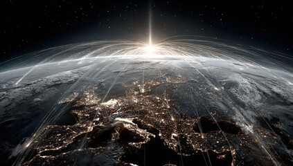 Global Network Connectivity Digital Earth Illuminated By City Lights And Bright Sunrise Over Horizon