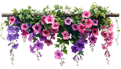 Lush cascading vines with pink, purple blooms, green leaves, atop a wooden beam