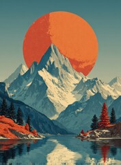 Pixel Art Landscape With Snow Capped Mountains And Orange Sun Reflection In Water