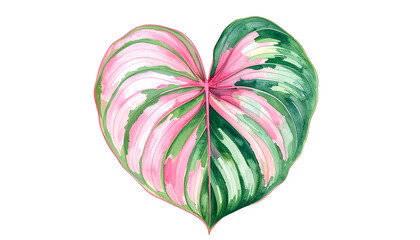 A heart-shaped leaf, watercolor painted, showing pink and green variegation, isolated on black