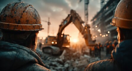 Construction Workers Overseeing Excavator Machinery Amidst Dusty Sunset Sky with Cranes and Building Structures