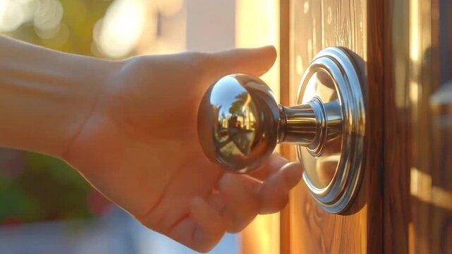 Hand opening door with shiny knob in bright sunlight closeup
