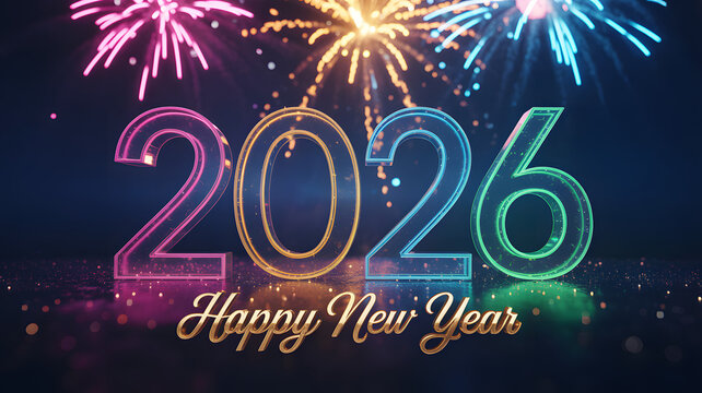Happy new year 2026 celebration with glowing numbers and colorful fireworks illuminating the night sky, symbolizing joy, hope, future